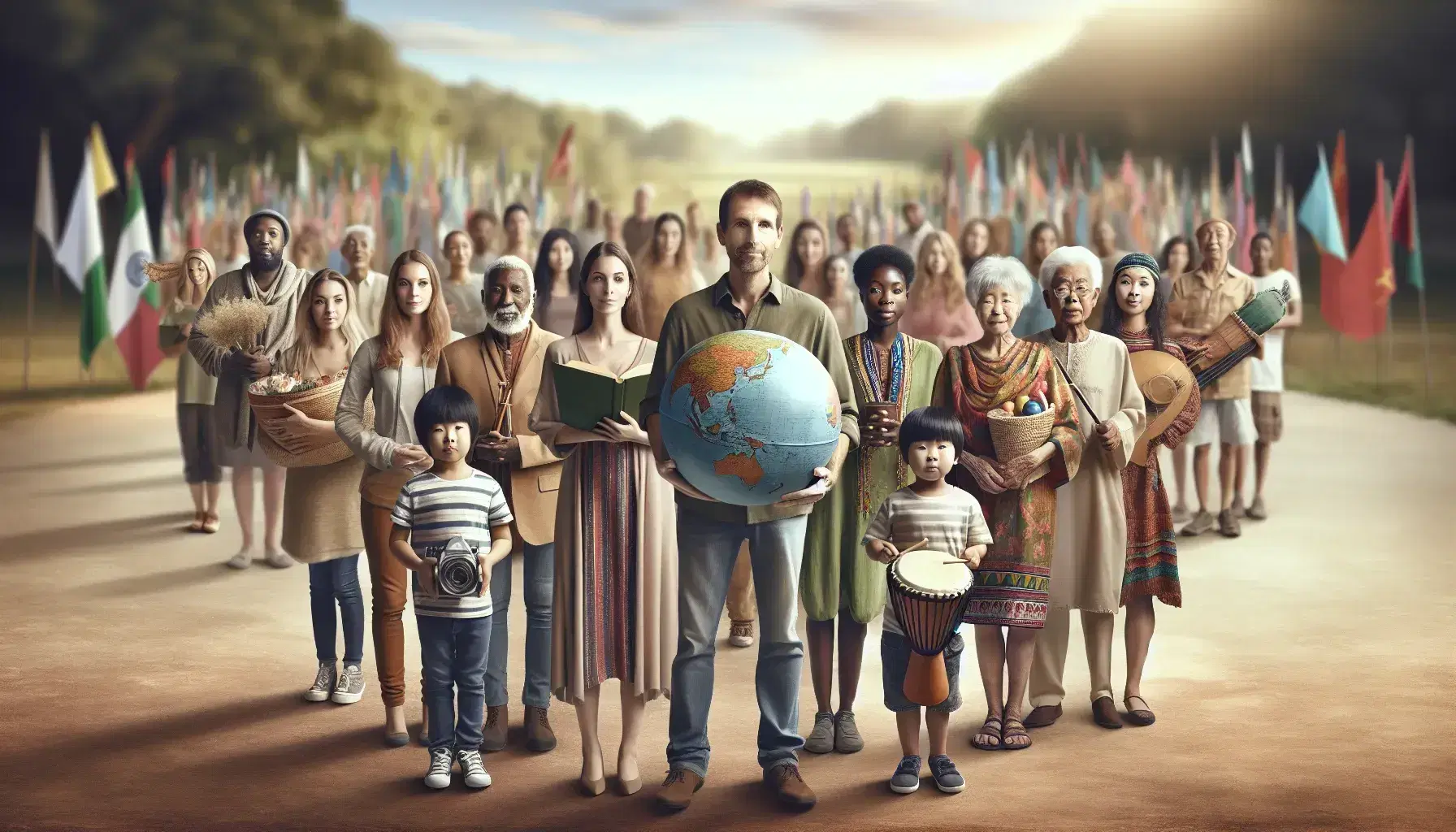 Grupo diverso de personas con objetos culturales, hombre con globo terráqueo, niño con tambor y mujer con libro en parque natural.
