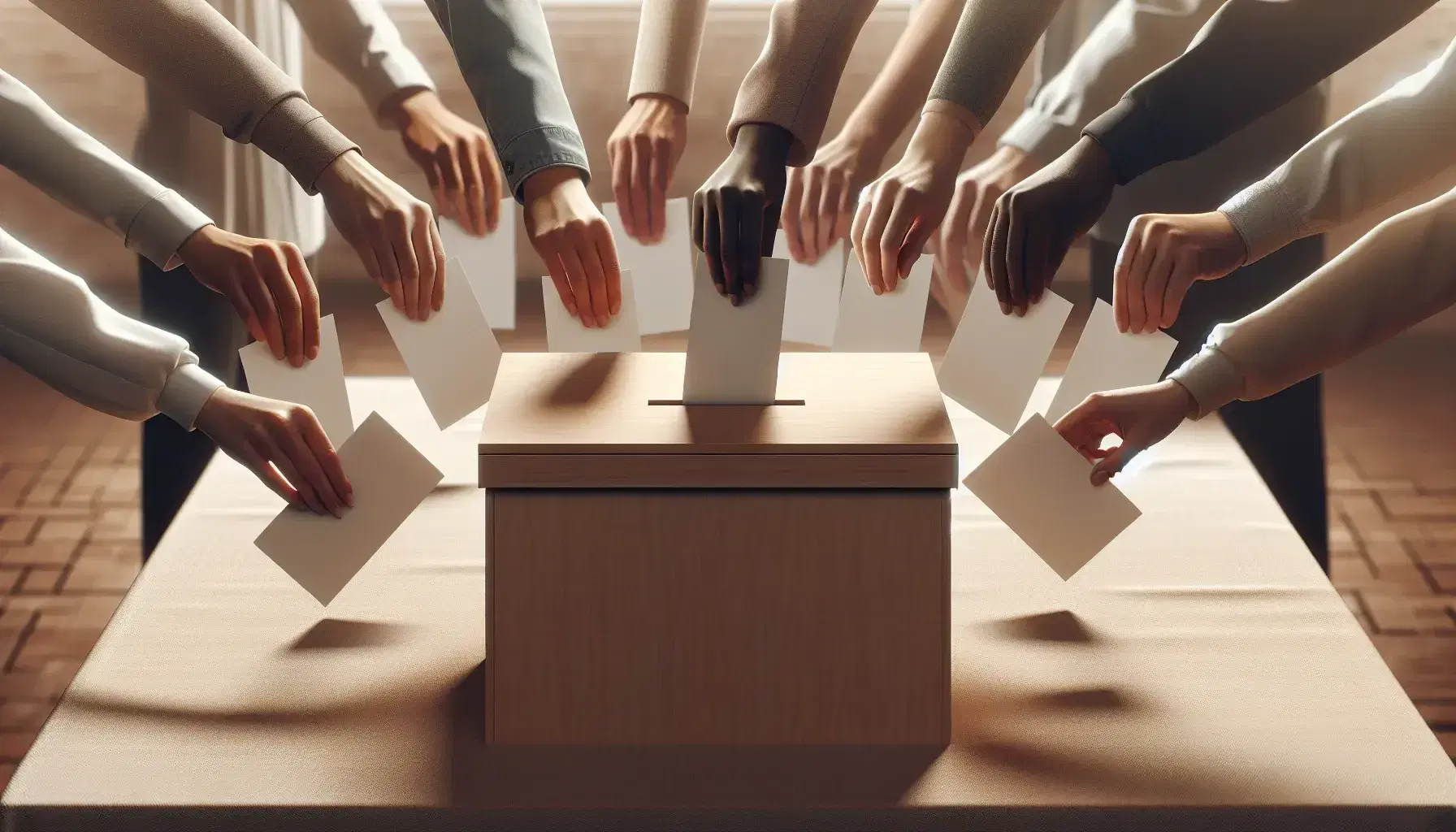 Diverse hands casting ballots into a wooden box on a draped table, symbolizing inclusive voting in a blurred public setting.