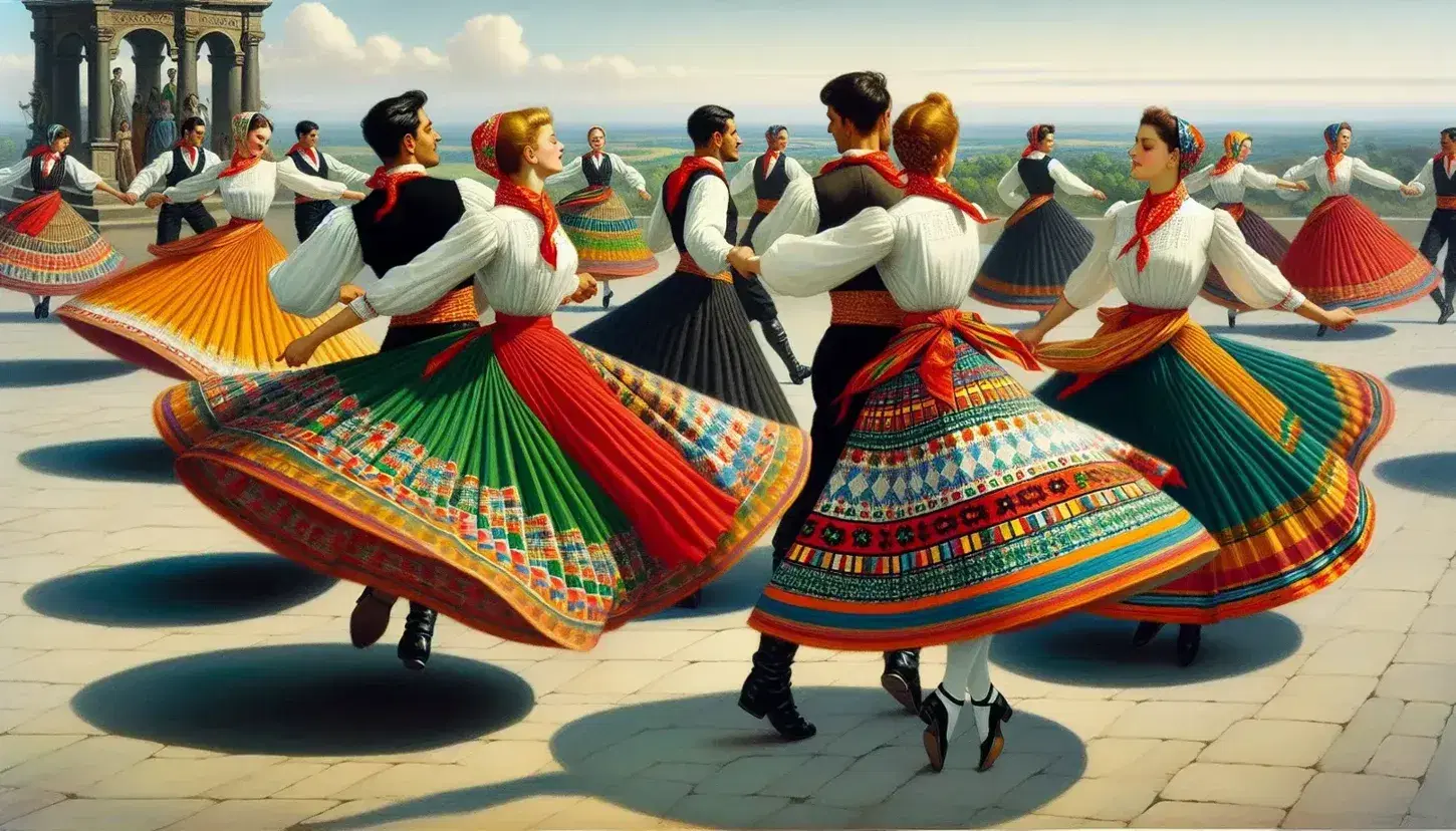 Cinco bailarines ejecutan danza folclórica en trajes tradicionales coloridos, con faldas amplias y pañuelos rojos, en una plaza bajo cielo azul.