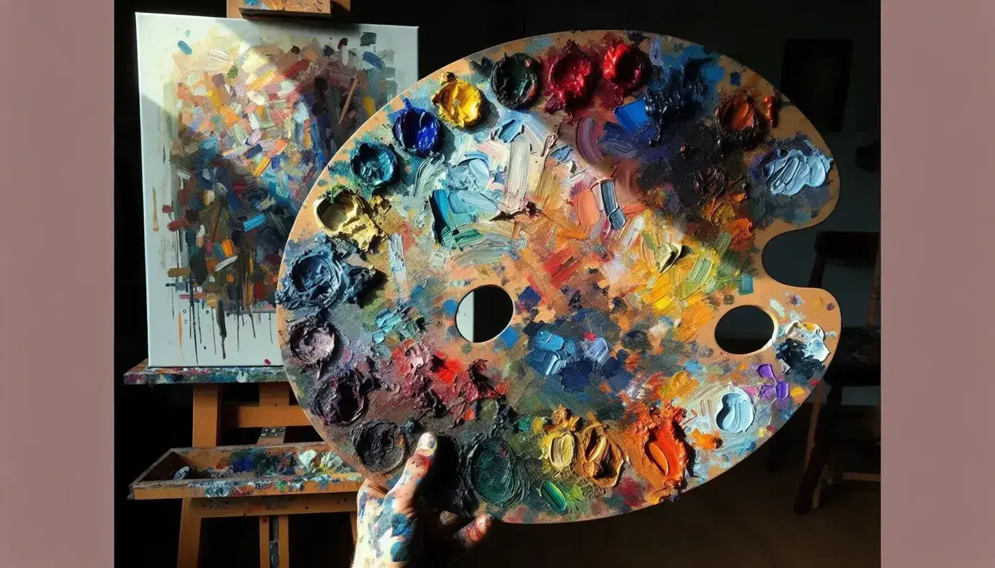 Paleta de pintor ovalada con manchas de pintura de colores vivos sostenida por una mano manchada, y lienzo abstracto al fondo.