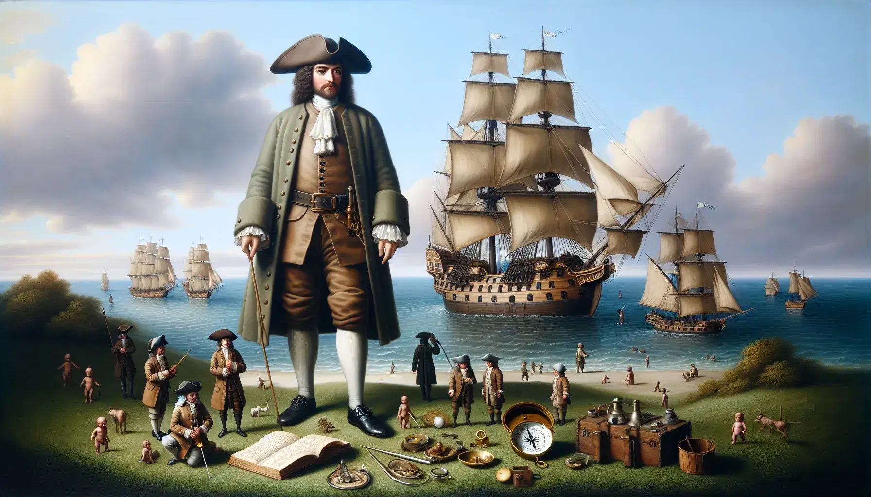 18th-century explorer from Gulliver's Travels stands on shore with a sailing ship behind, tiny Lilliputians on left, giant Brobdingnagian on right, and navigational tools at feet.