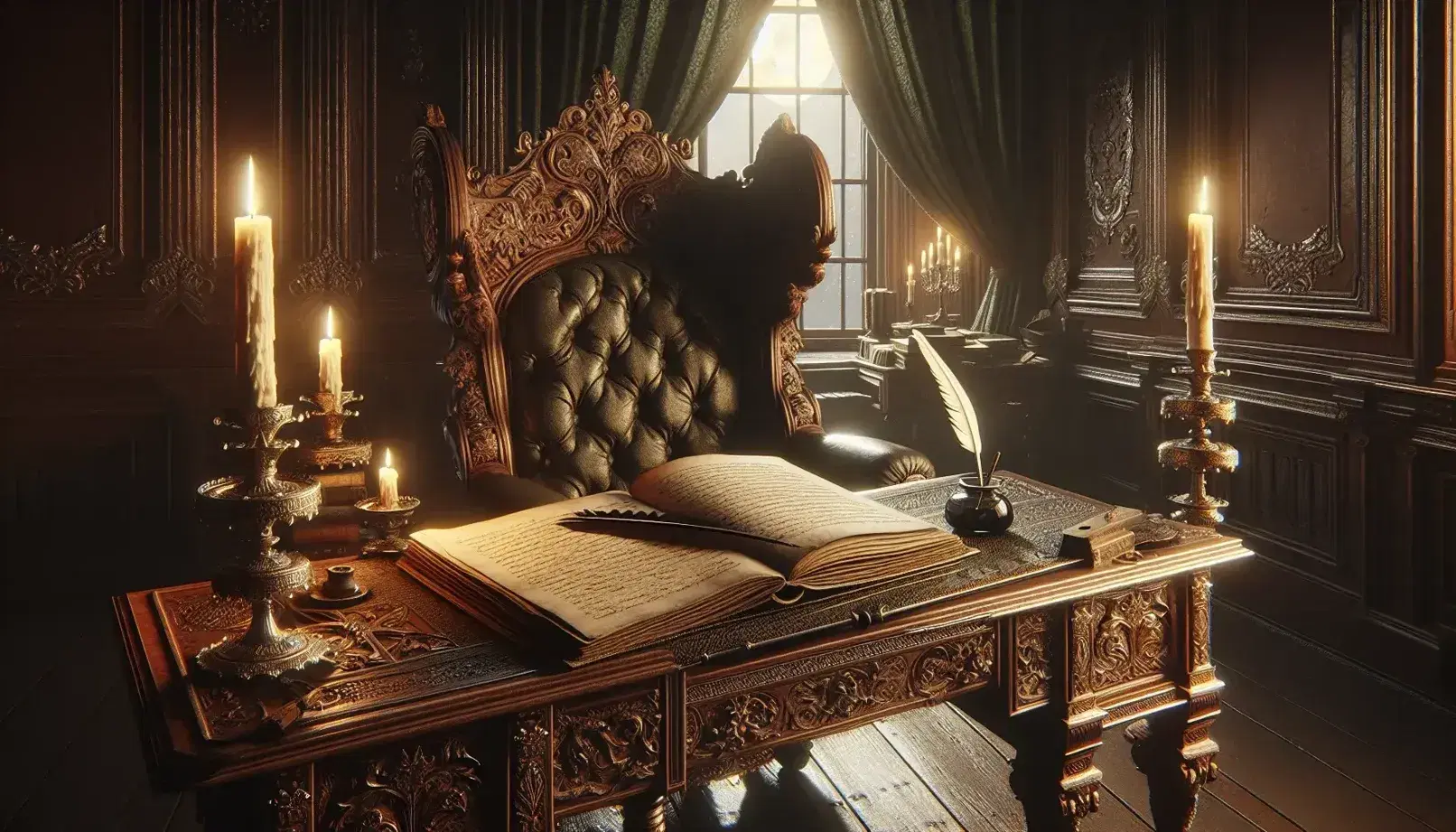 Victorian study with polished desk, open book, quill, inkwell, and candelabra, high-backed chair, moonlit window, and bookshelf.