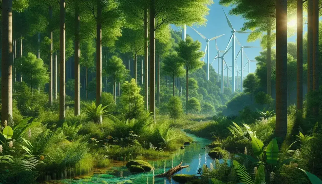 Lush green forest with clear stream, ferns and white wind turbines in the distance under a blue sky.