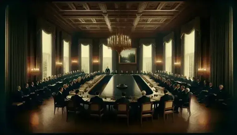 Historic meeting of delegates in 1940s clothing around an oval table in a room with a view of the woods, solemn atmosphere and soft lighting.