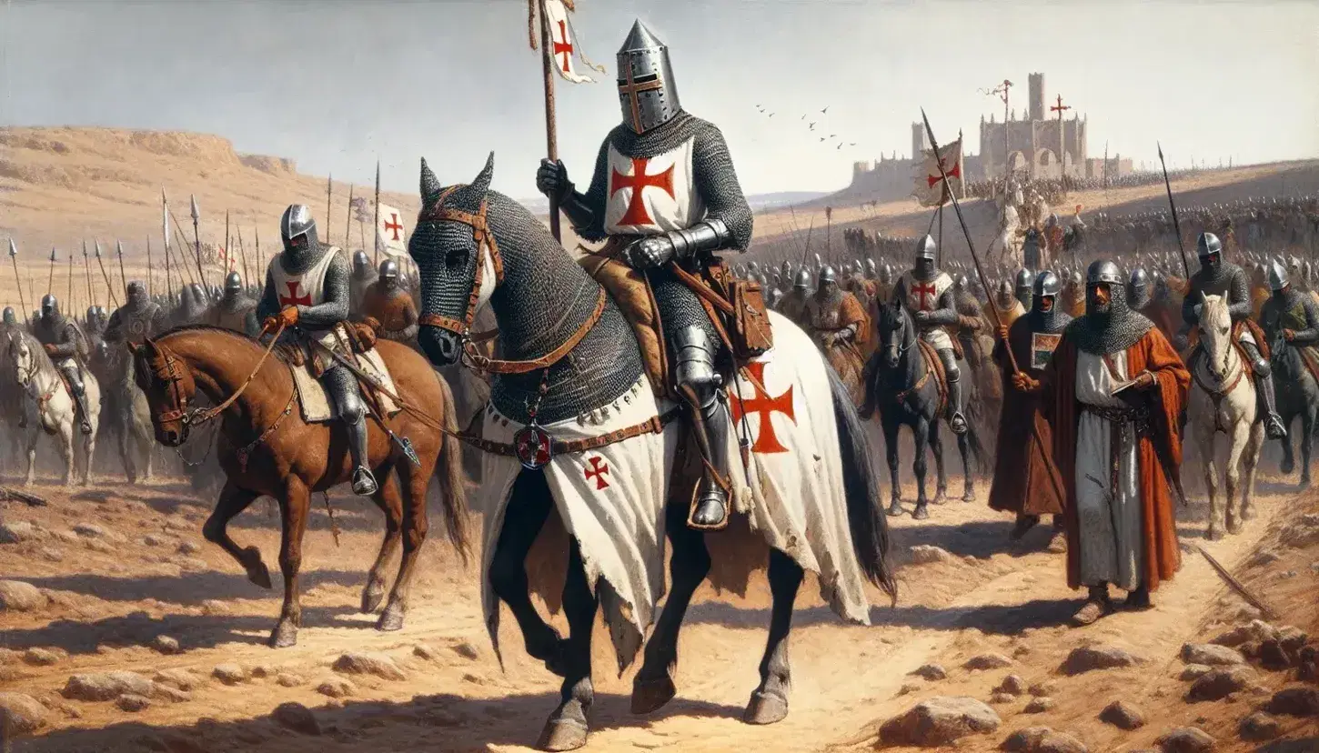 Cavaliere crociato in armatura completa su cavallo grigio con lancia e bandiera a croce rossa, affiancato da soldato a piedi, in marcia su terreno arido.