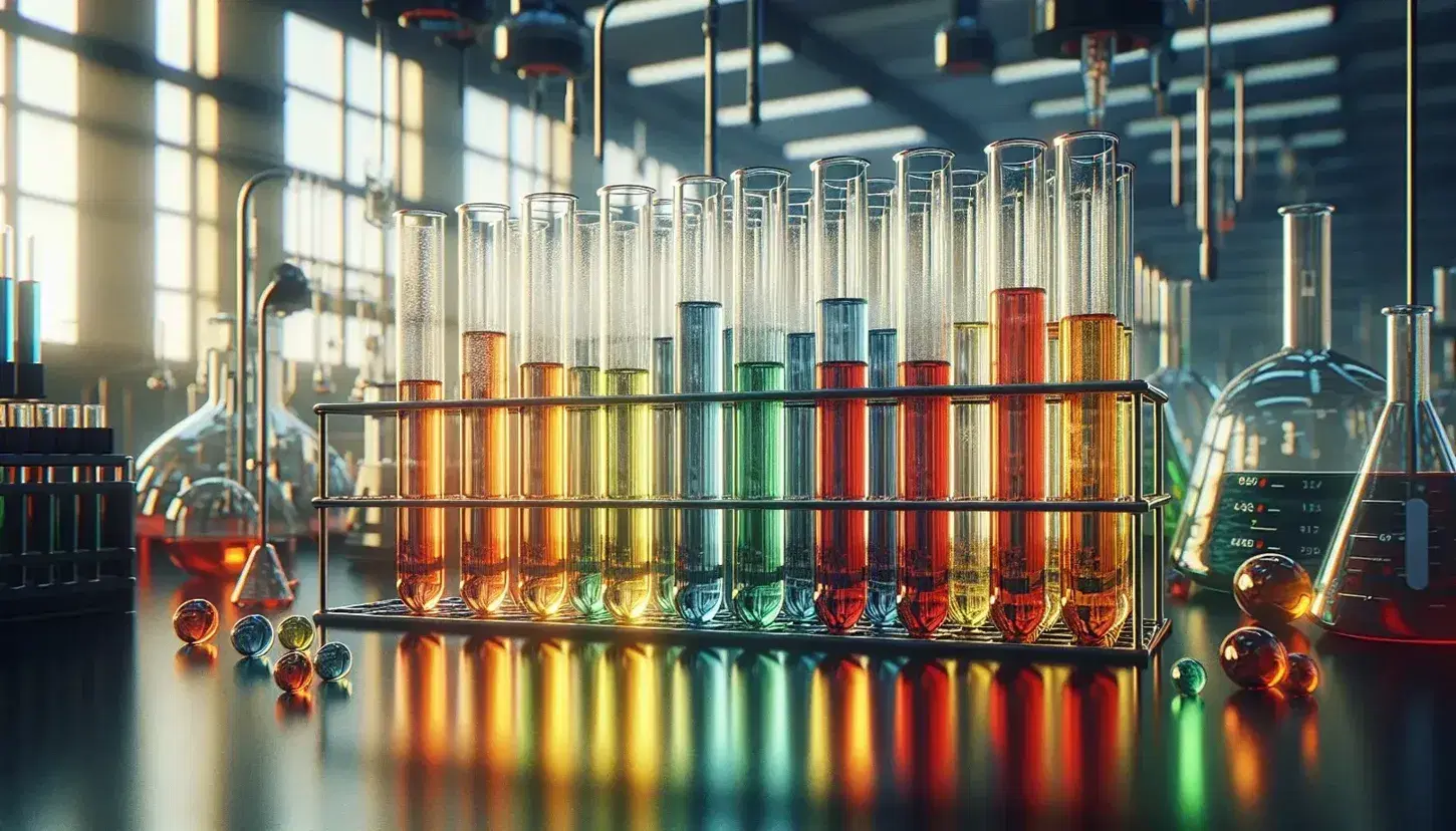 Tubi da laboratorio con liquidi colorati da giallo a rosso su scaffale, riflessi di luce su vetreria in ambiente di ricerca scientifica.