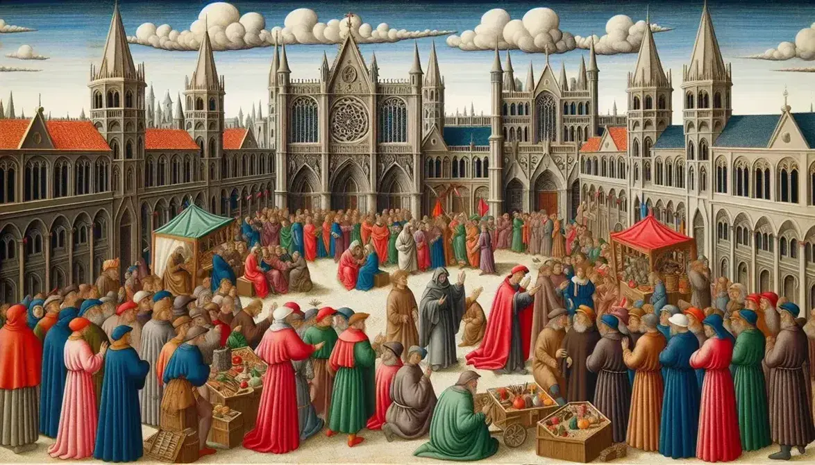 Ricostruzione medievale di una piazza animata con persone in abiti d'epoca, mercanti, edifici gotici e cielo azzurro.