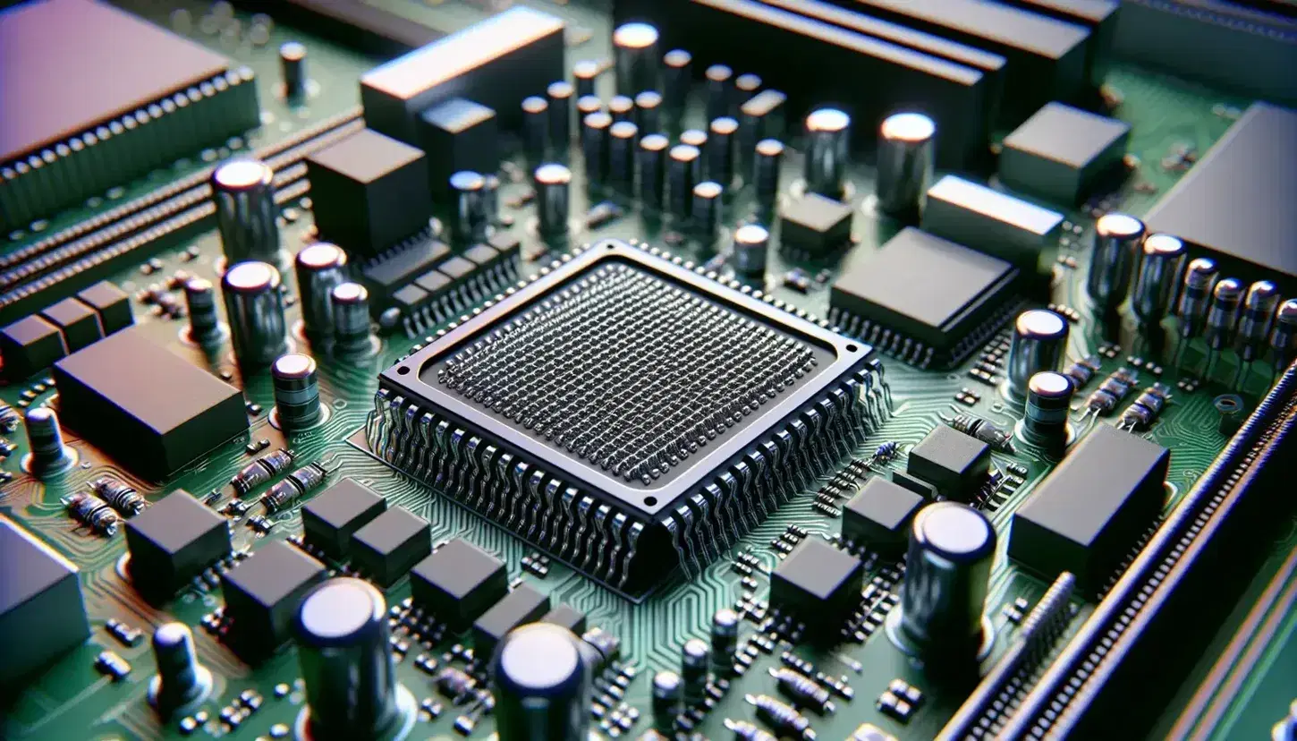 Close-up view of a computer motherboard with a central microchip, surrounded by capacitors, resistors, and transistors on a green circuit board.
