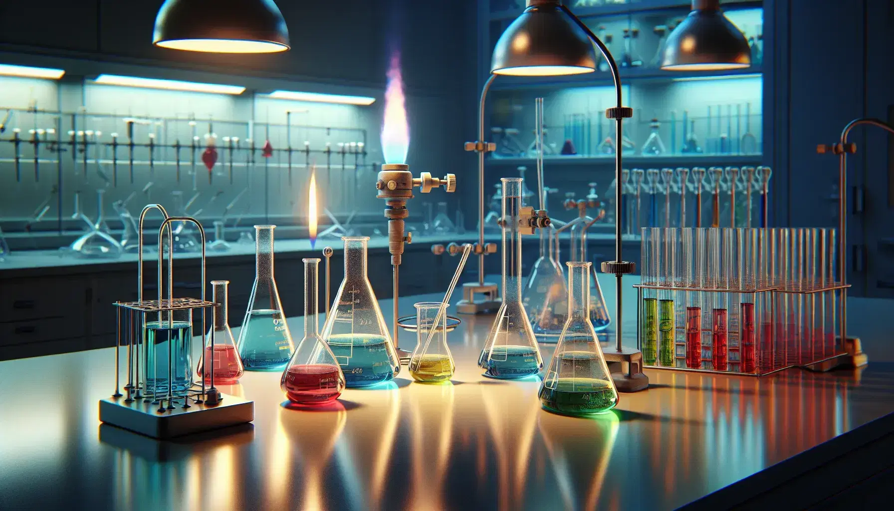 Laboratorio de química con matraces Erlenmeyer de líquidos coloridos, un tubo de ensayo en soporte metálico y un mechero Bunsen encendido, sobre una mesa y estanterías con utensilios de vidrio al fondo.