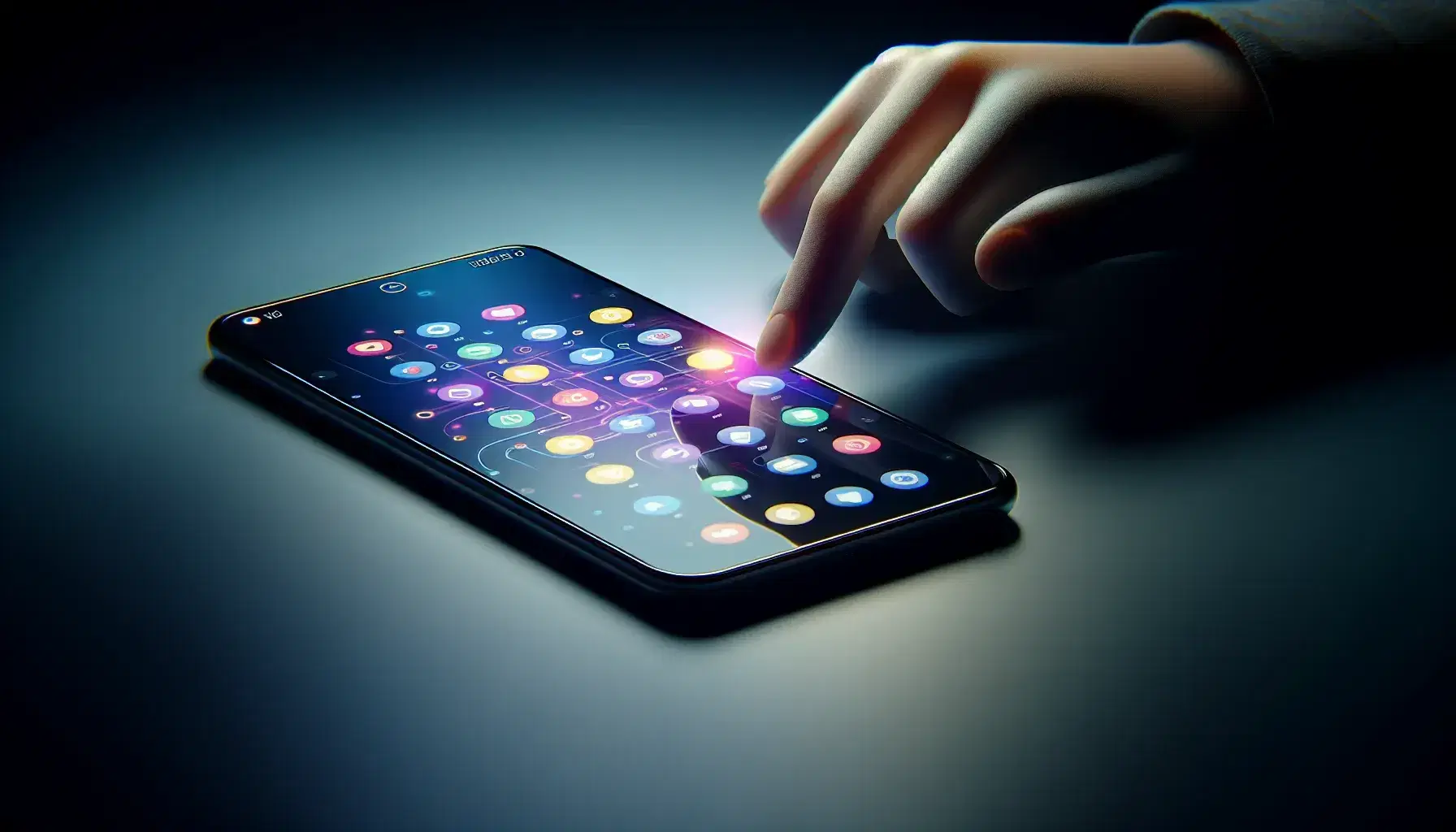 Modern smartphone on dark surface with lit screen showing colorful app icons, hand ready to interact, background with blurred circuits.