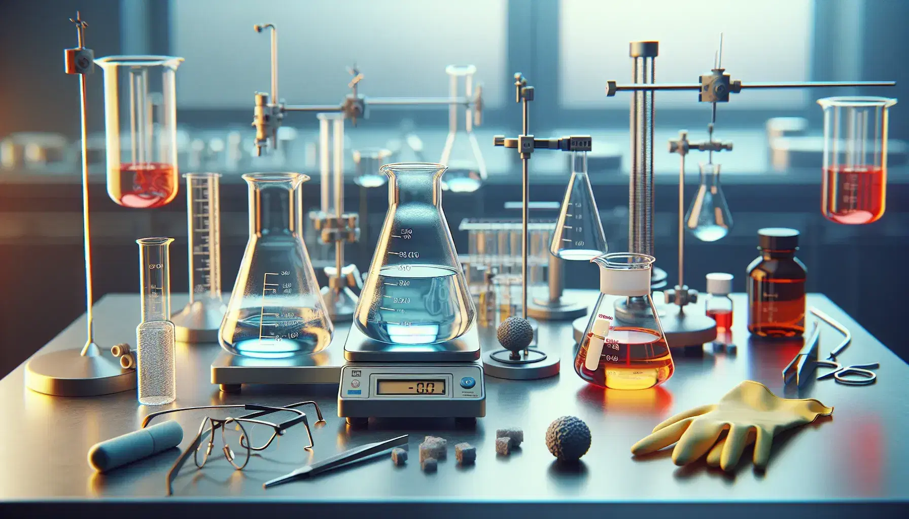 Mesa de laboratorio con materiales científicos, Erlenmeyer con líquido azul, probeta amarilla, tubo de ensayo rojo, gafas de seguridad, guantes de látex y balanza digital.