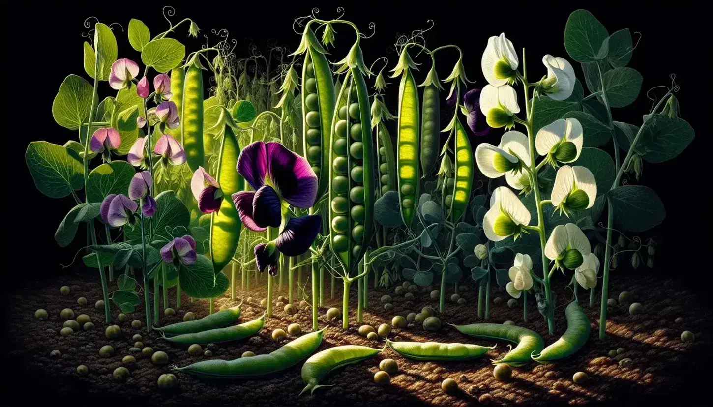 Piante di pisello in fiore con baccelli verdi e fiori viola e bianchi su terreno umido e sassoso, illuminati dal sole.