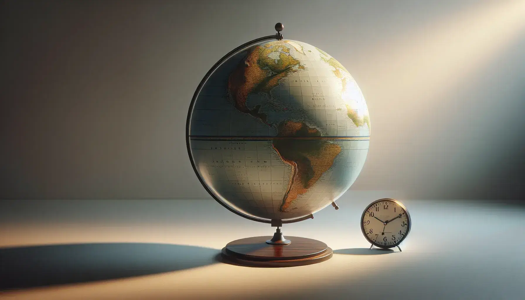 Mappamondo terrestre illuminato con orologio analogico e sfera solare dorata in composizione equilibrata e astratta.