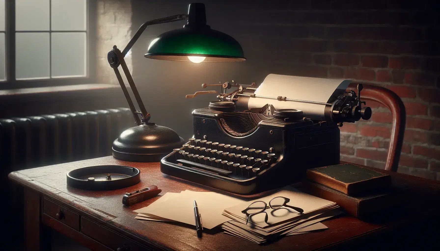Vintage black typewriter on an old wooden desk with blank paper stack, green-shaded banker's lamp, and round eyeglasses beside an ashtray.