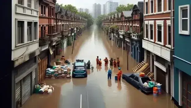 Paesaggio urbano allagato con persone su piattaforma improvvisata, auto sommersa e edifici con sacchi di sabbia.