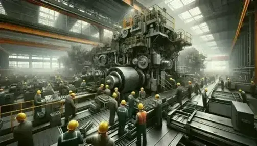 Workers in protective clothing work on industrial machinery in a factory with conveyor belts and high ceiling with steel beams.