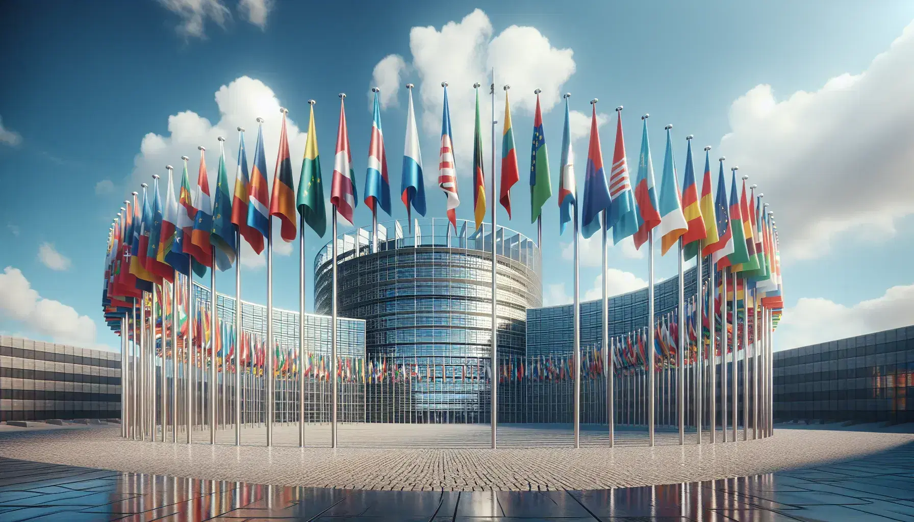 Bandiere multicolore dei paesi dell'Unione Europea disposte in cerchio intorno a un edificio moderno con vetrate, riflesso di cielo azzurro e nuvole.