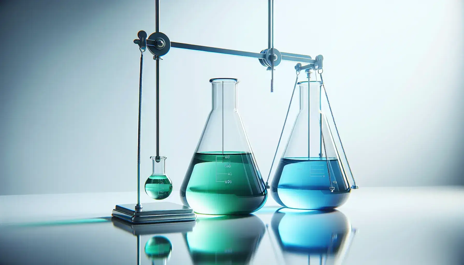 Two conical laboratory flasks on a white countertop, one with blue liquid and the other with green, beside an empty balance scale in equilibrium.