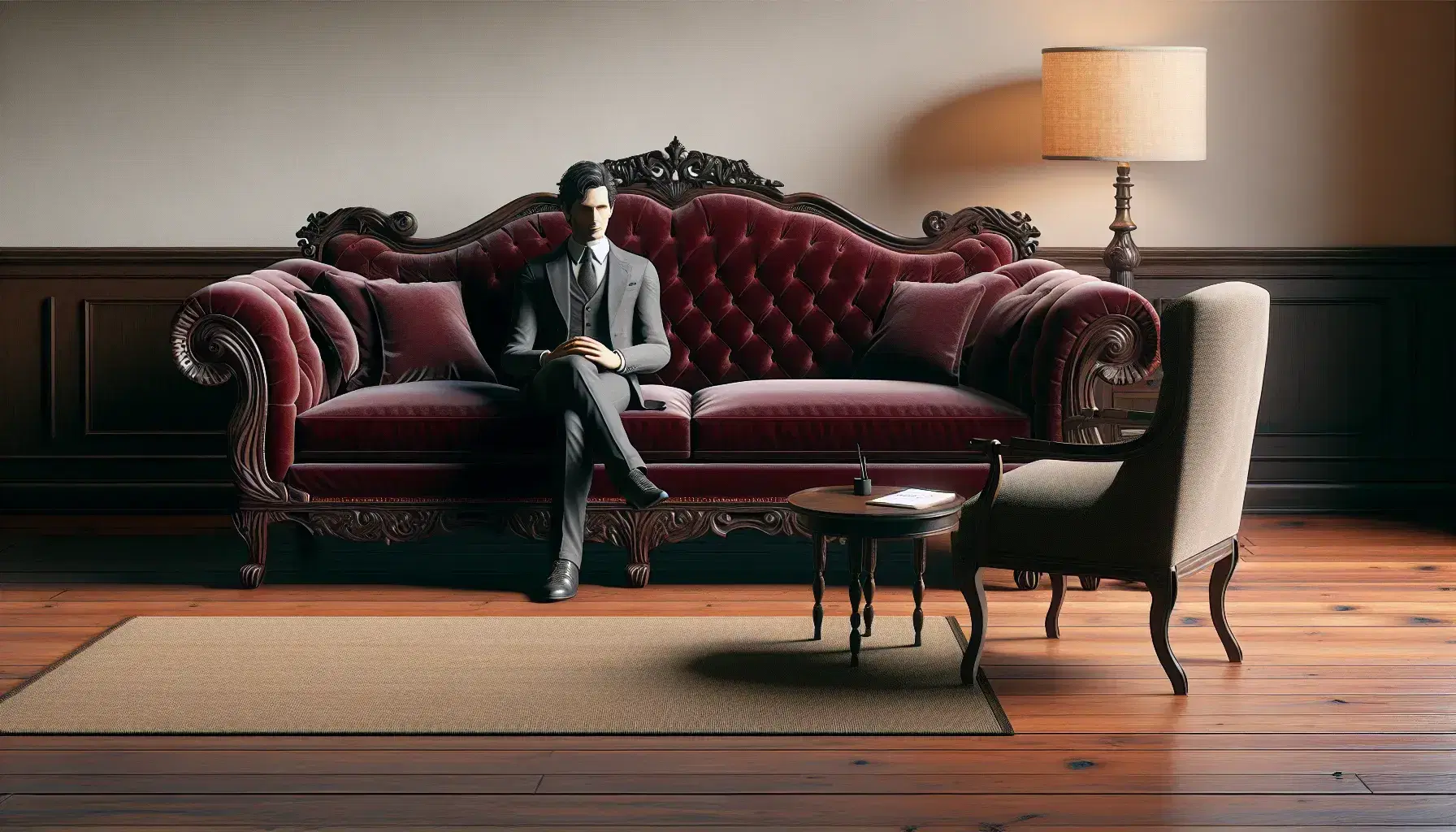 Uomo in abito grigio seduto su divano rosso velluto in sala elegante con poltrona beige, tavolino, lampada e quadro paesaggio.