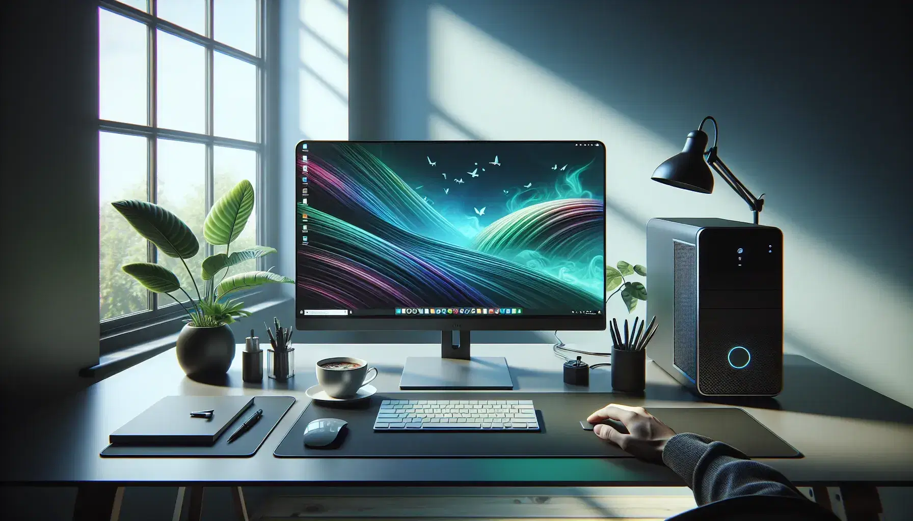 Tidy desk with modern computer, white keyboard, mouse, green plant and cup of coffee, window with blue sky in background.