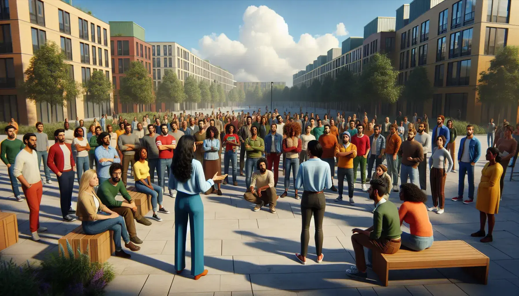 Grupo diverso de personas en discusión al aire libre en un parque, con una mujer hispana gesticulando en el centro, rodeada de árboles y edificios bajos en un día soleado.