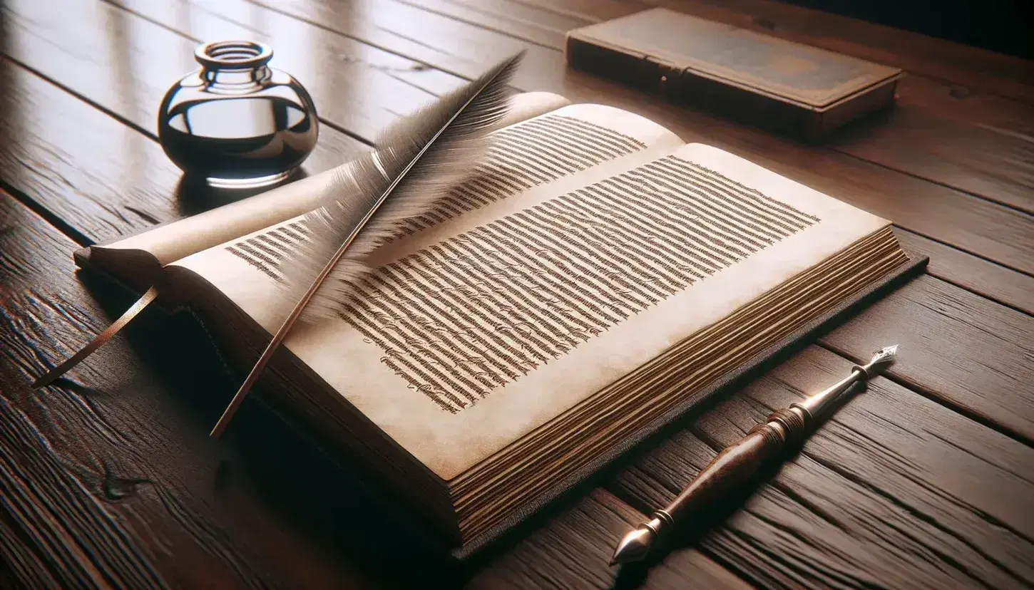 Close-up view of an open hardcover book with blurred text on a wooden table, accompanied by a quill pen and a glass inkwell in a serene setting.