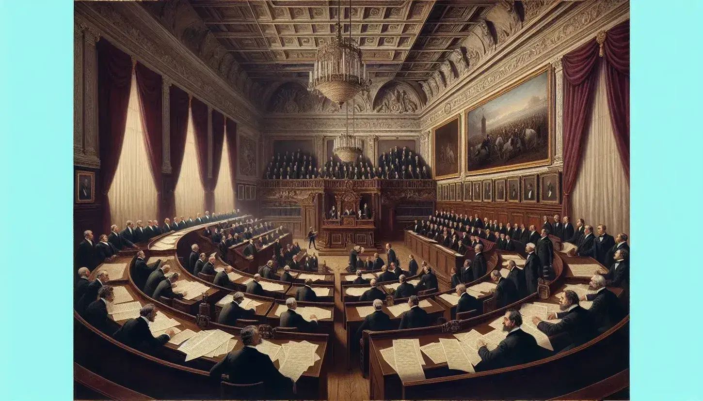 Aula parlamentare italiana post-unitaria con banchi semicircolari in legno, deputati in abiti d'epoca e decorazioni sontuose.