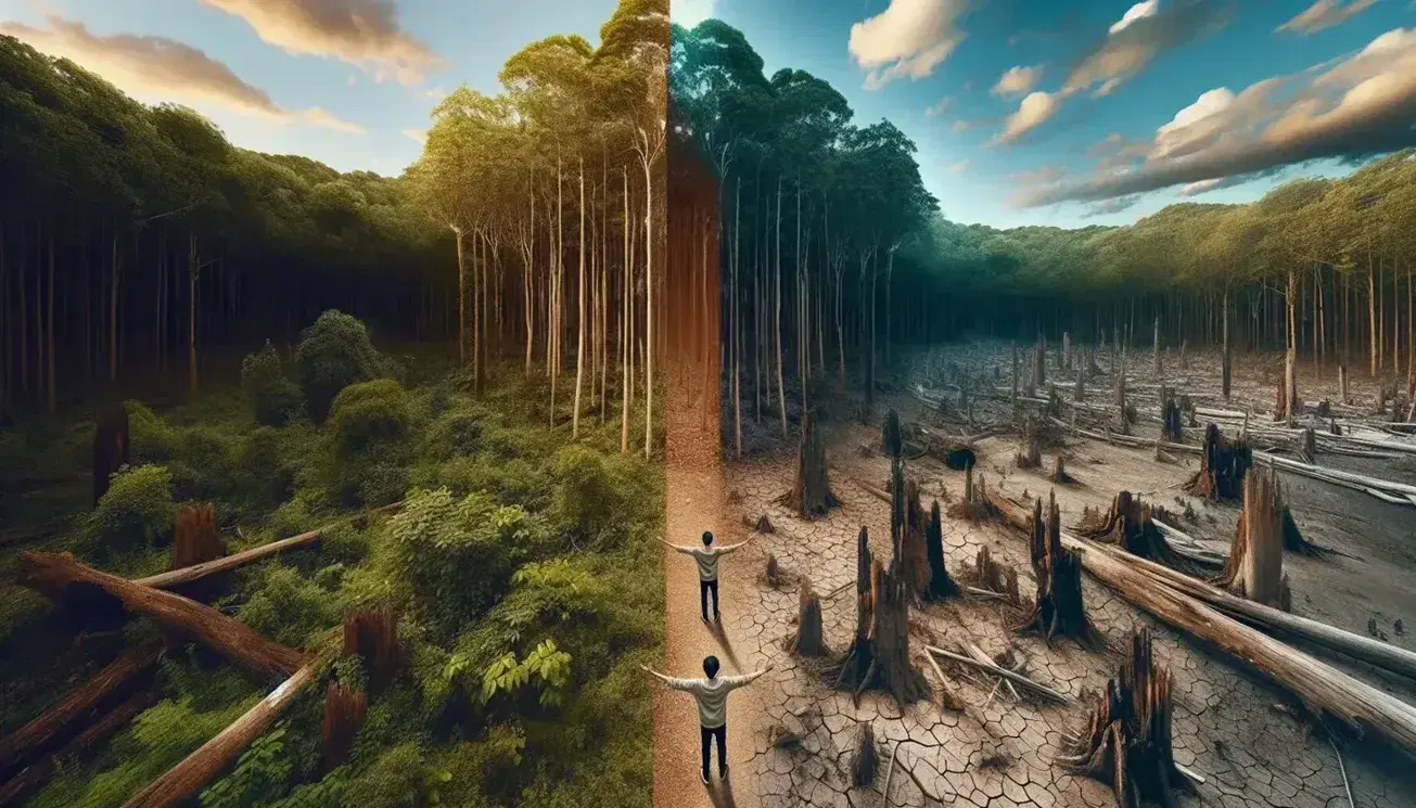 Contraste natural con un bosque frondoso y verde a la izquierda y un terreno árido y erosionado a la derecha, con una figura humana en el centro extendiendo los brazos hacia ambos lados.
