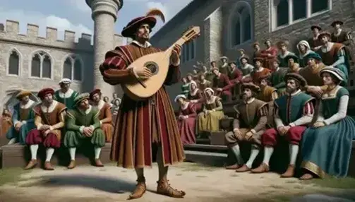 Menestrel medieval tocando laúd para una audiencia atenta en un entorno al aire libre con un castillo de fondo y cielo azul.