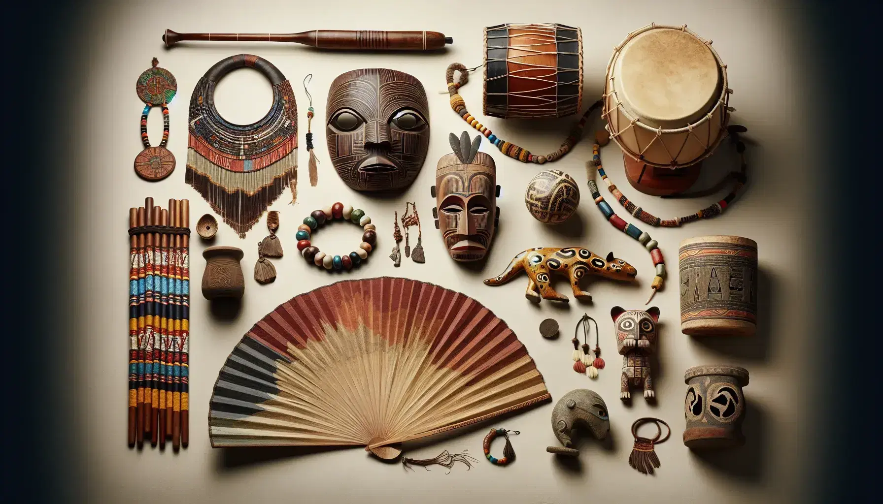 Colección de objetos culturales con máscara tribal, instrumentos musicales, figura cerámica de jaguar y adornos artesanales en composición simétrica sobre fondo neutro.