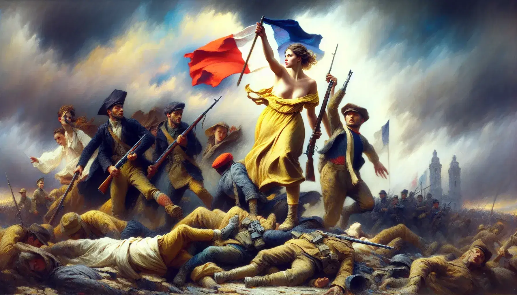 Donna in primo piano con vestito ocra e berretto frigio rosso solleva bandiera tricolore francese tra figure maschili in lotta su sfondo di cielo tempestoso.