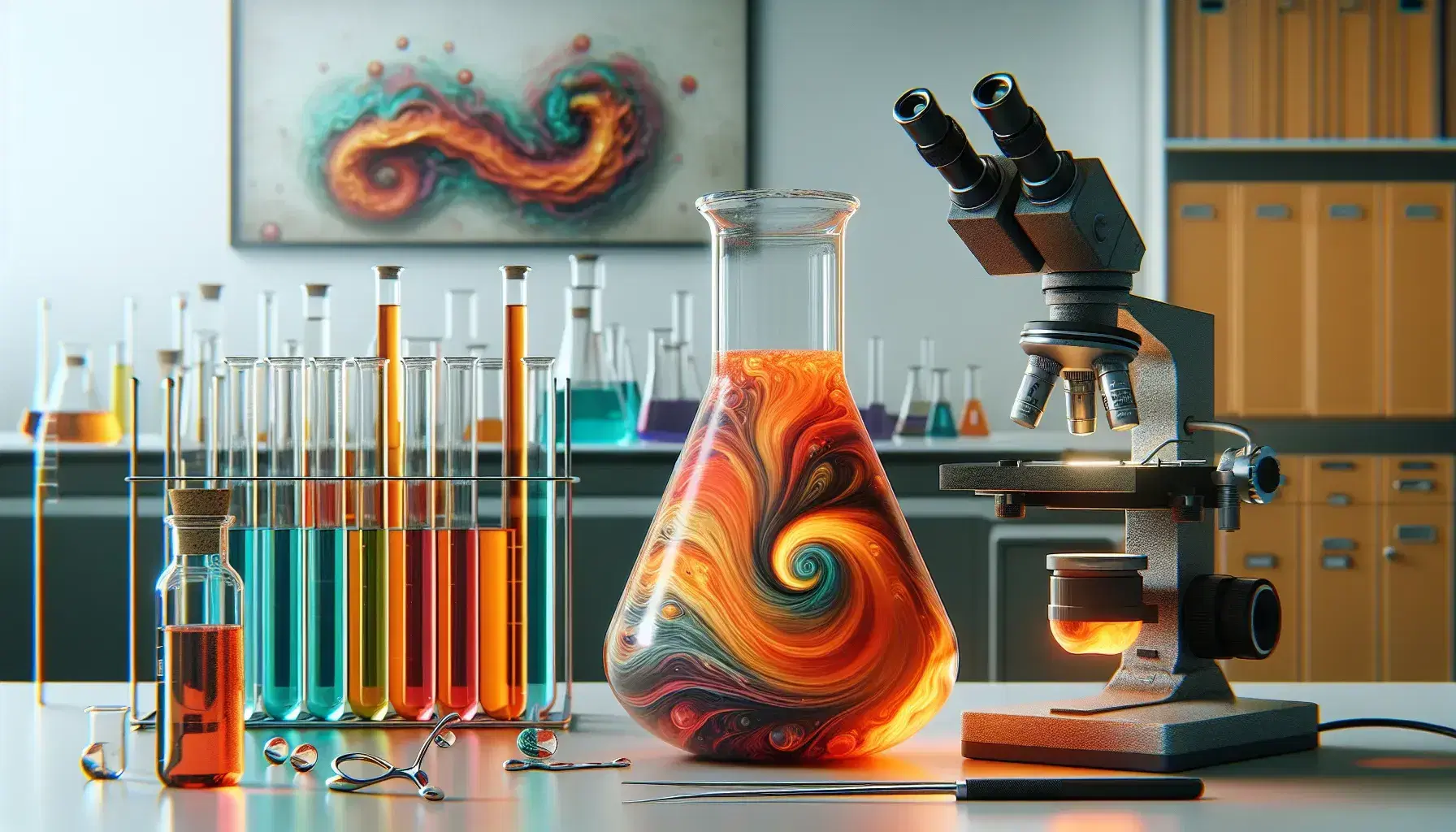 Laboratory scene with a swirling orange-red liquid in a glass flask on a stirrer, test tubes with colored liquids, microscope, tweezers, and pipette.