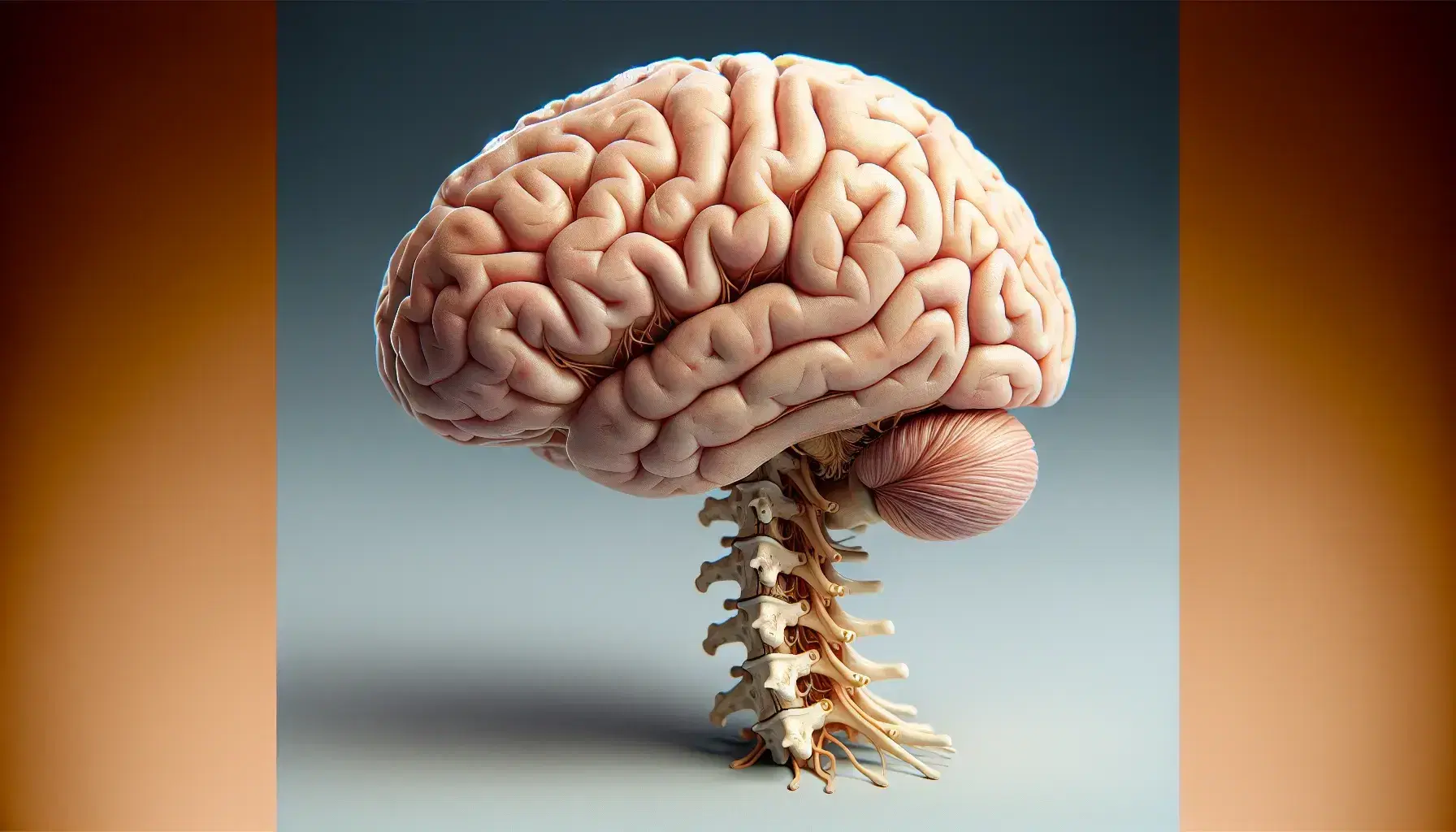 Detailed illustration of the human brain in lateral view with cerebellum, spinal cord, vertebrae and spinal nerves.