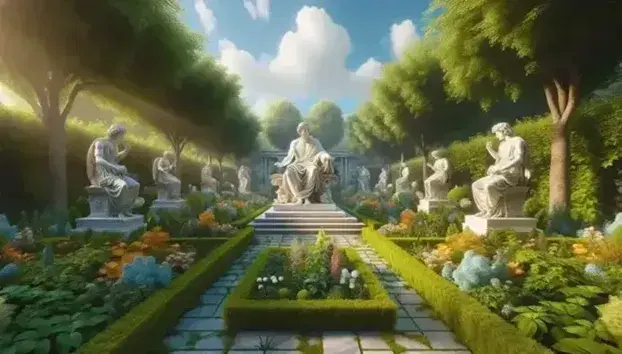 Giardino rigoglioso con statue marmoree di figure classiche, sentieri lastricati e panchine in pietra sotto cielo sereno.