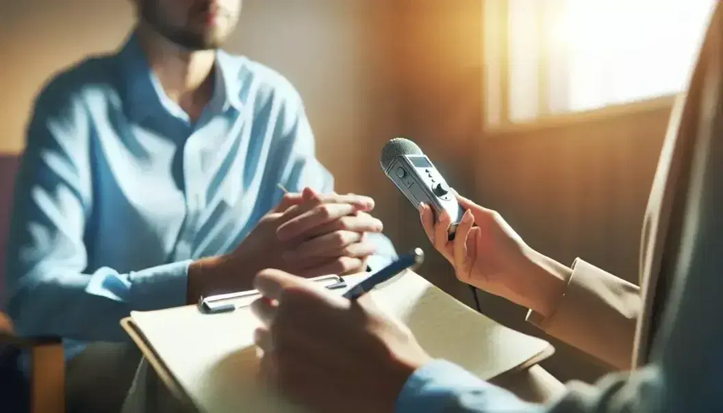 Close-up of a professional interview in a dimly lit room, with an interviewer holding a recorder and notepad, and an animated interviewee gesturing mid-conversation.