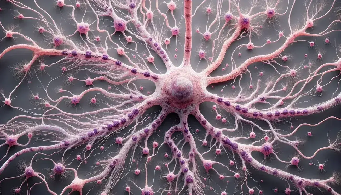 Vista microscópica de neuronas interconectadas con un neurona central destacada, dendritas ramificadas y un axón con nódulos de Ranvier y terminales axonales.