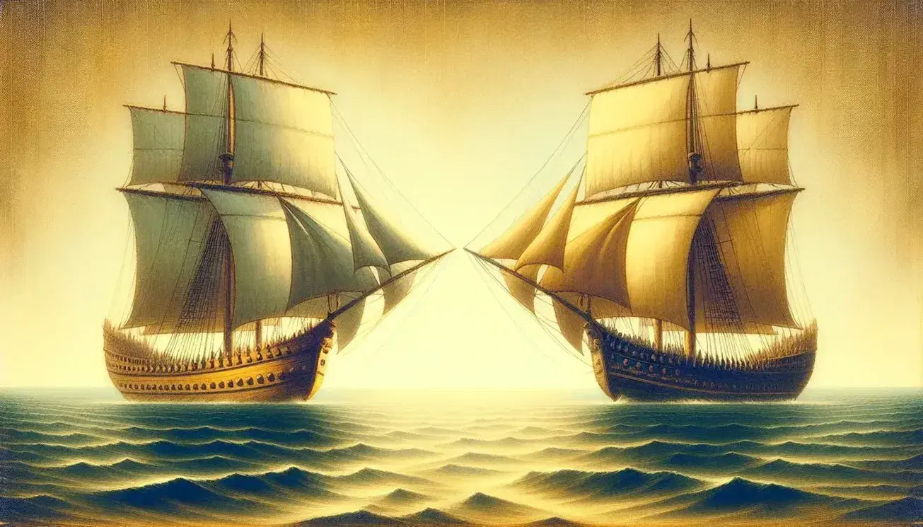 Due antiche navi, una romana con scudi rossi e gialli e una cartaginese con bandiere blu-verdi, veleggiano pacificamente su un mare calmo.