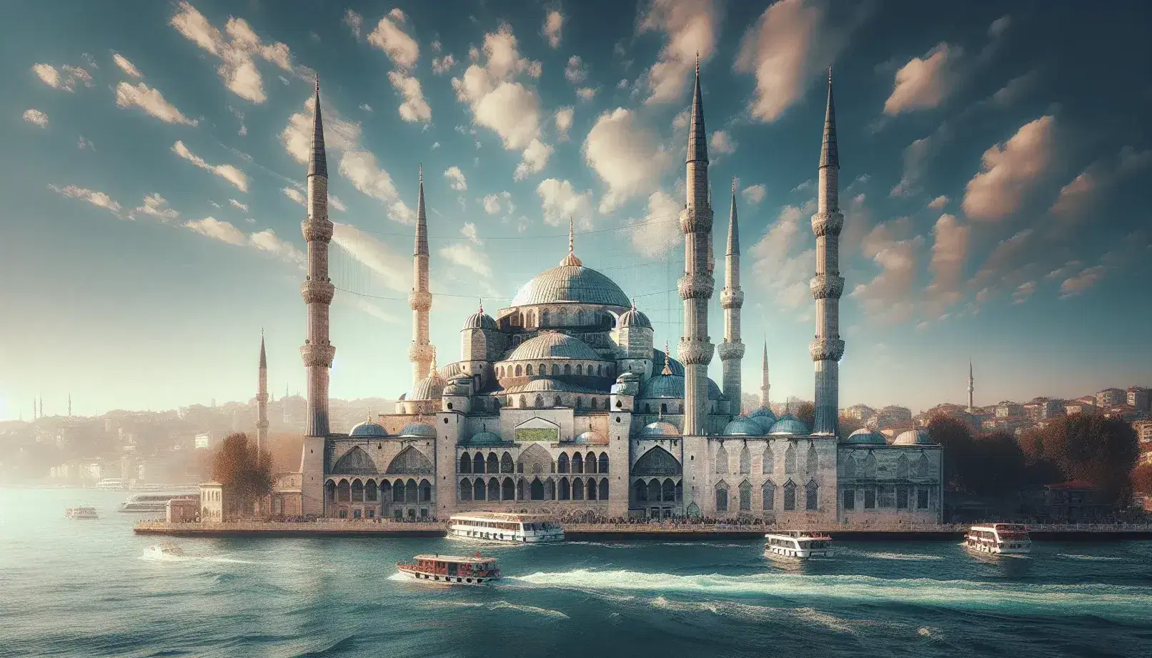 Vista panoramica di Istanbul con la Moschea Blu e i suoi minareti contro il cielo azzurro, il Bosforo e barche, edifici moderni sullo sfondo.