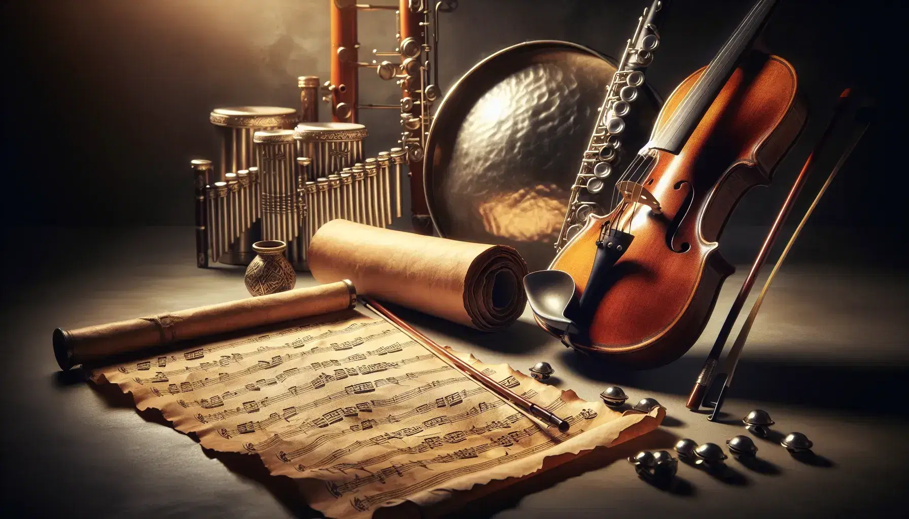 Strumenti musicali con pergamena antica, violino e arco, flauto traverso e tamburello su sfondo neutro evocativo di un concerto.