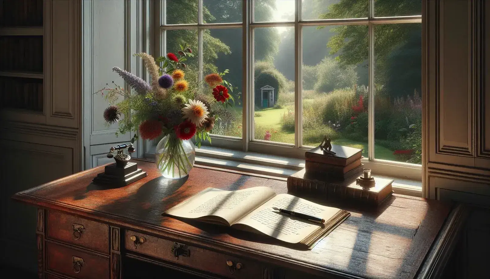 Serene poet's study with antique desk, open notebook, fountain pen, vibrant bouquet in glass vase, bookshelf with hardcovers, and garden view.