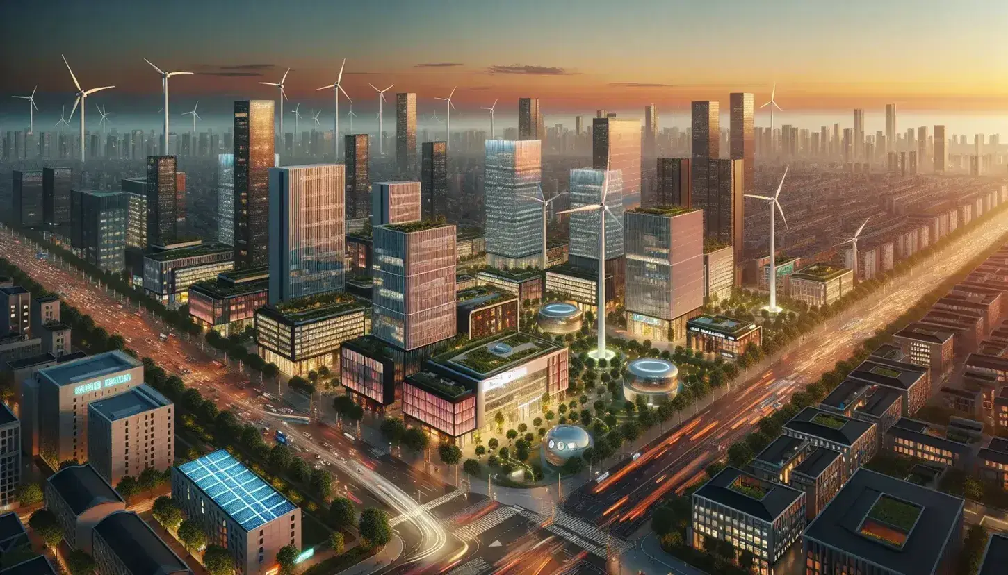 Modern cityscape at dusk with wind turbines, solar panels, and a river reflecting the sunset, amidst a network of roads and greenery.