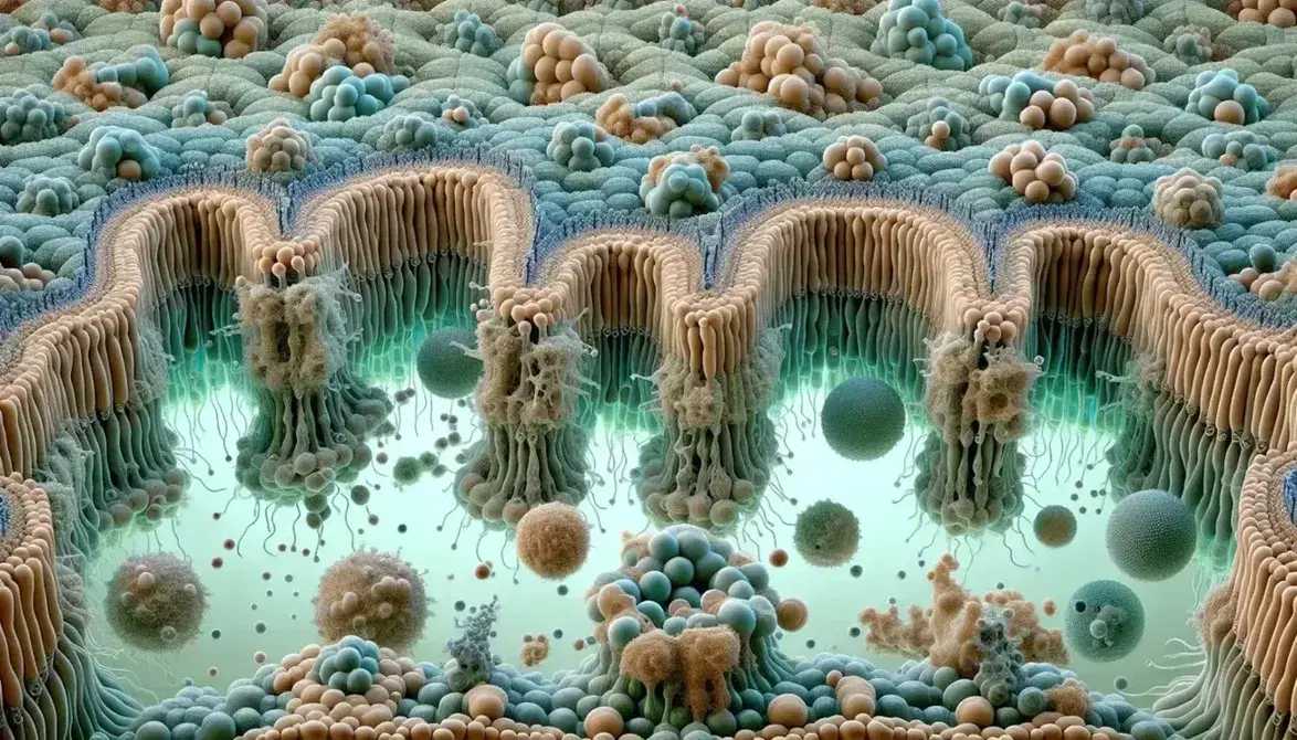 Vista microscópica de membrana celular bicapa con fosfolípidos y proteínas integrales, destacando cabezas hidrofílicas y colas hidrofóbicas en tonos azules, verdes y marrones.