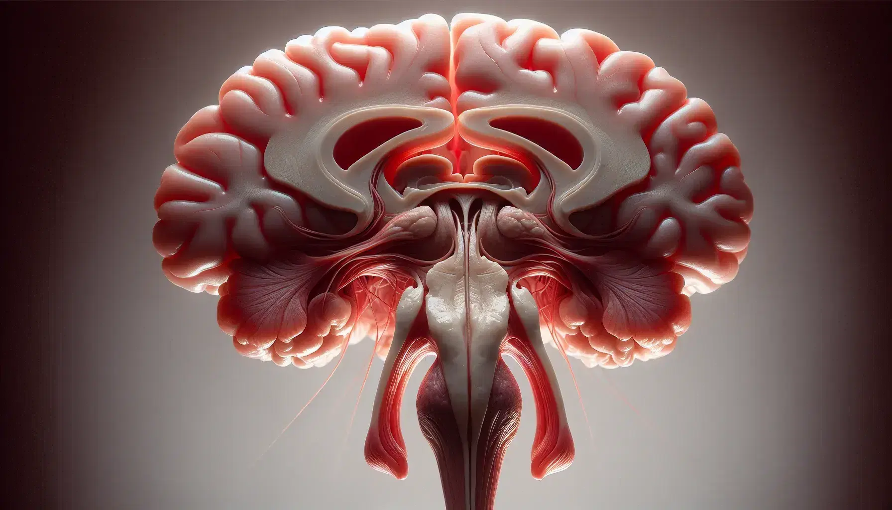 Representación anatómica tridimensional del cerebro humano, destacando el hipotálamo y la glándula pituitaria en tonos rojos y rosas, con un fondo neutro.