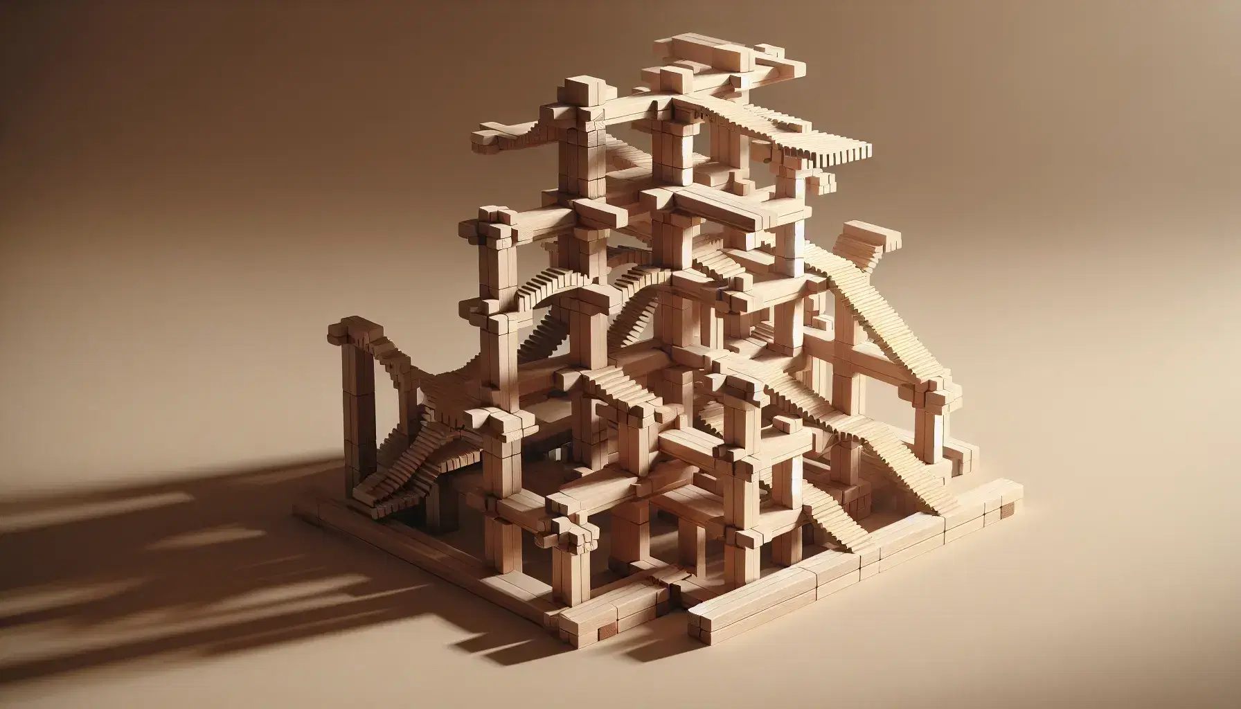 Estructura compleja de bloques de madera apilados formando un puente o torre con base sólida y sombras suaves destacando su tridimensionalidad.