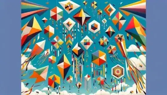 Aquiloni colorati a forma di poligoni e triangoli volteggiano in un cielo azzurro, con code decorate che enfatizzano la geometria.