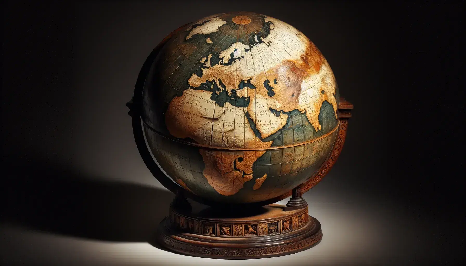 Mappamondo antico riproducente Europa e Nord Africa con mari in sfumature di blu, continenti in marrone e verde, su supporto in legno scuro intagliato.