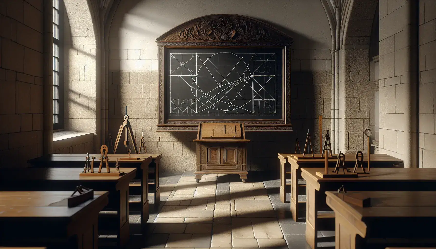 Aula antigua con paredes de piedra y ventanas grandes, pizarra de madera oscura con formas geométricas de tiza, bancos de madera alineados y herramientas de dibujo en mesa lateral.