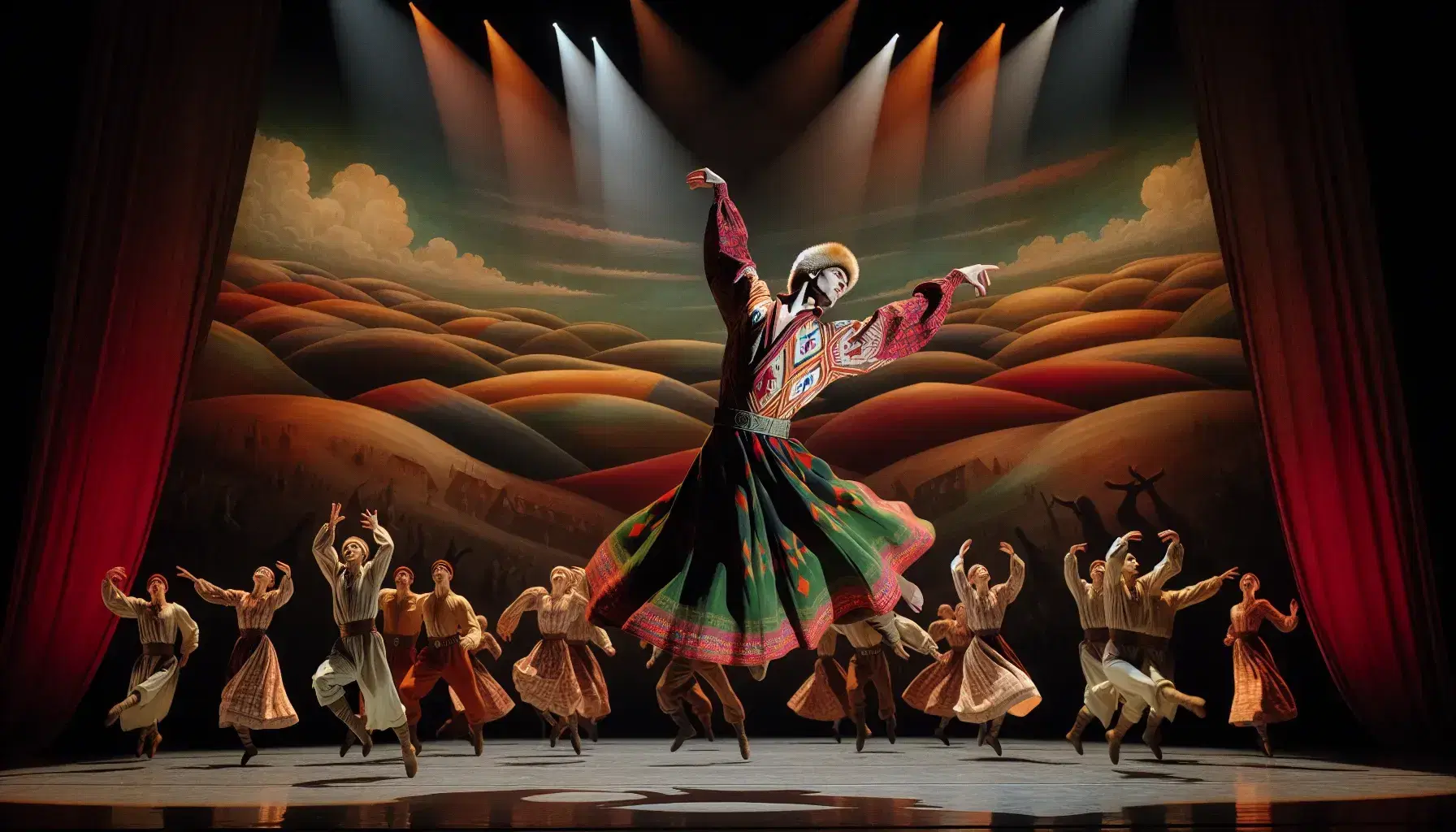 Danzatore in costume slavo rosso e verde esegue un salto nel 'Sacro di Primavera', circondato da altri artisti su palcoscenico astratto.