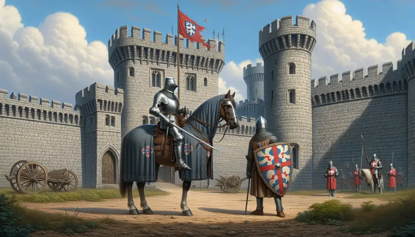 Caballero medieval a caballo con armadura y lanza junto a escudero con escudo redondo frente a castillo de piedra con torres y bandera roja.