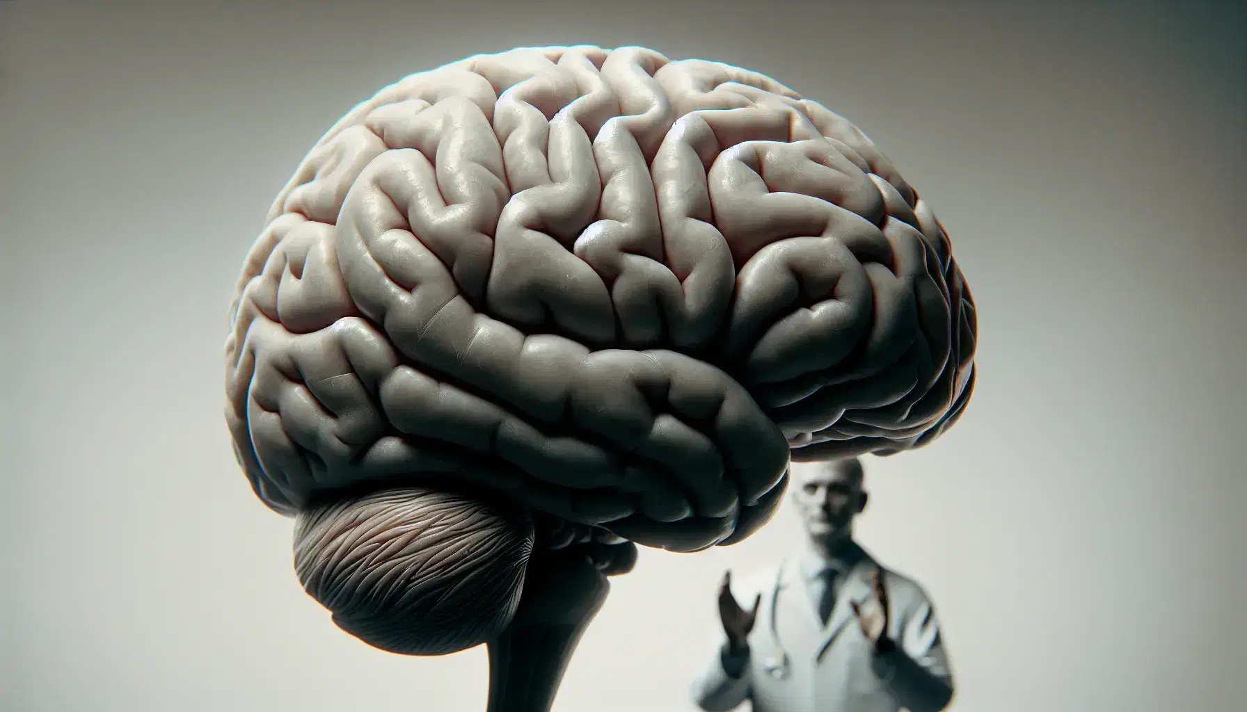 Cerebro humano en tonos grises con hemisferio izquierdo destacado y figura borrosa de profesional en fondo, iluminación suave resaltando surcos cerebrales.